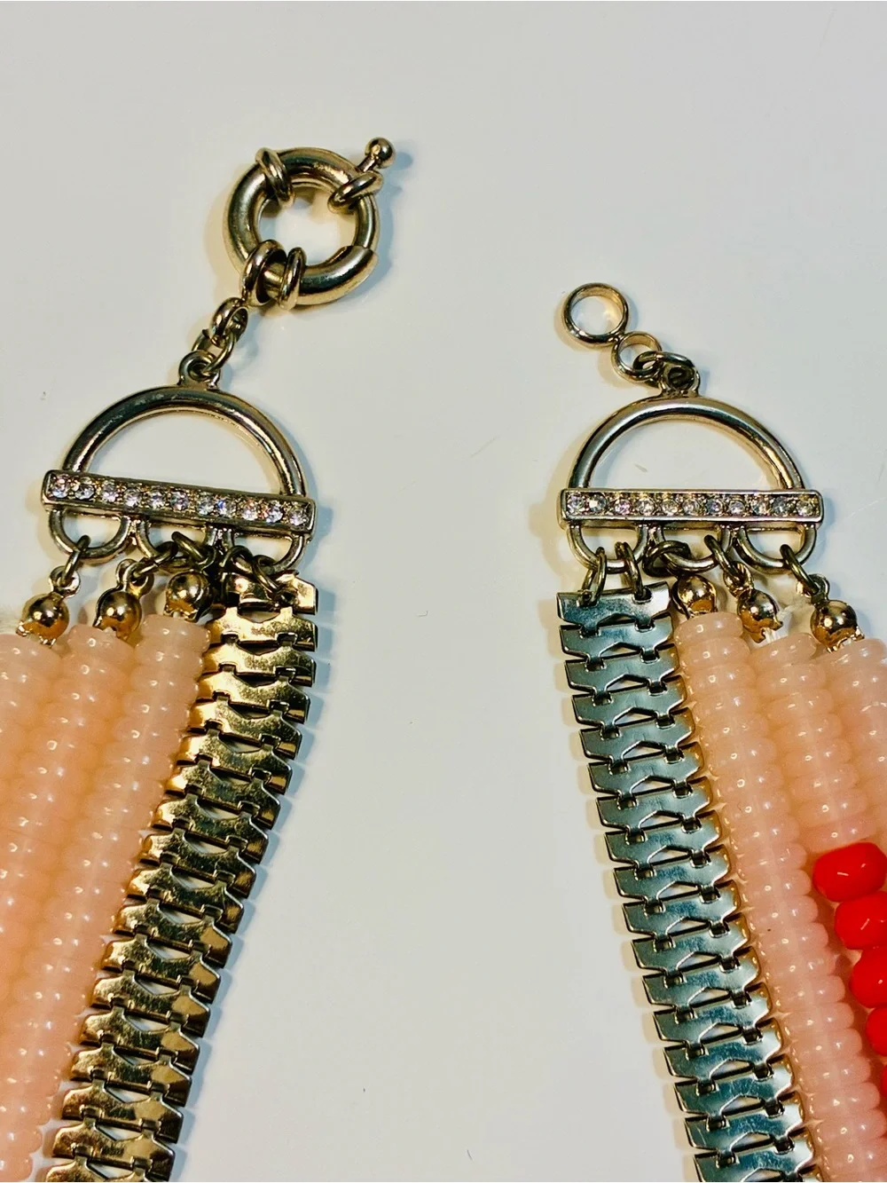 Layered Pink & Coral Beaded Statement Necklace with Gold Accents